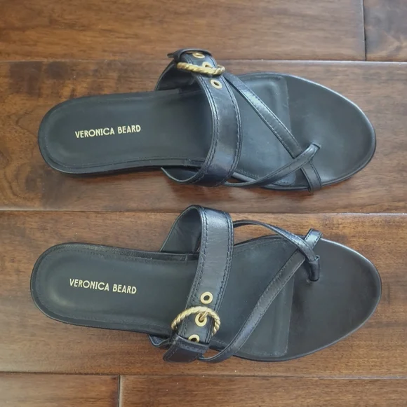 VERONICA BEARD Black Leather Slide Sandals with Gold Tone Buckle - Size 8.5 - Picture 2 of 9